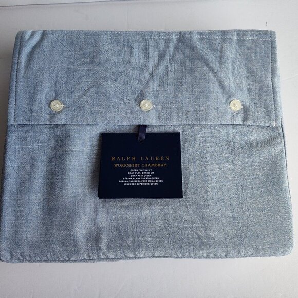 Ralph Lauren Blue Workshirt Chambray Queen Flat Sheet - Picture 1 of 4